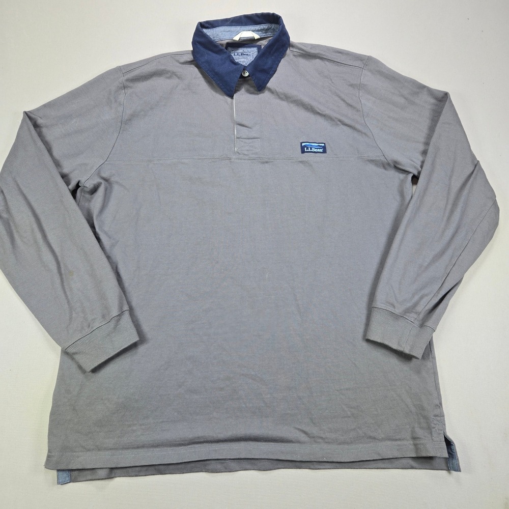 LL Bean Rugby Shirt Long Sleeve Traditional Fit Logo Gray Mens Large Regular
